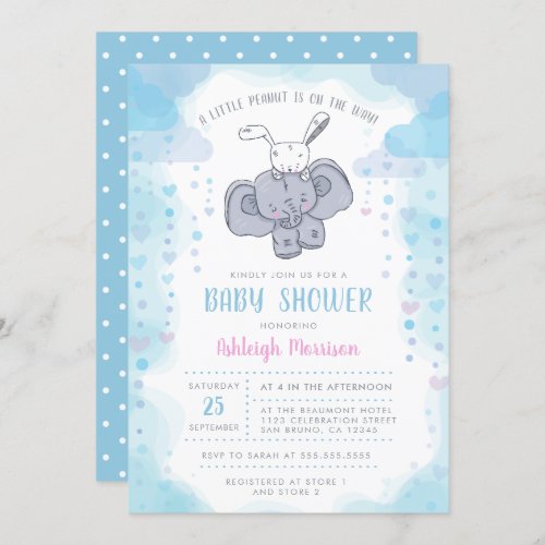 Cute Little Elephant & Baby Bunny Baby Boy Shower Invitation - Create your own Cute Little Elephant & Baby Bunny Baby Boy Shower invitation cards using these templates by Eugene Designs. This trendy baby boy shower invitation design features a border of blue clouds and hearts, a cute little elephant with a baby bunny laying on it's head and modern baby shower typography. The Mom or Mom-to-Be's name is in a blush pink color. On the reverse there is a blue color to match the front with white polka dots. (1) Type in your baby shower text in the template boxes provided. (2) For further customization, please click the "customize further" or "personalize" link and use our design tool to modify this template. (3) Choose from twelve unique paper types, two printing options and six shape options to design a card that's perfect for you.