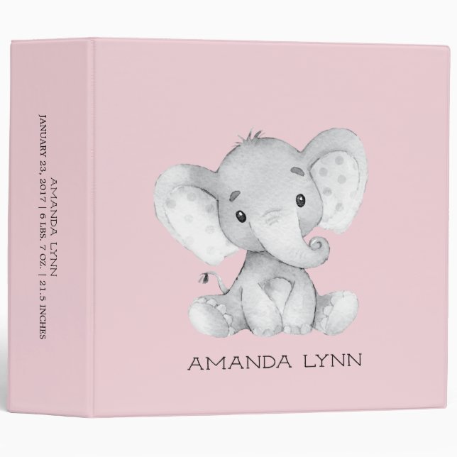 Cute Little Elephant Girls Baby Photo Album 3 Ring Binder (Front/Spine)