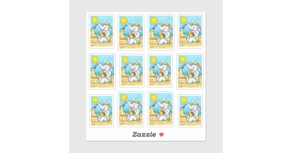 Cute Little Elephant On Beach Making Sand Castle Sticker Cute Little Elephant On Beach Making