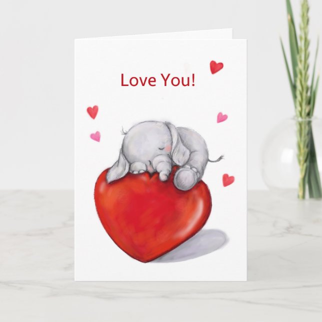 Cute little elephant on big hear, love you card (Front)