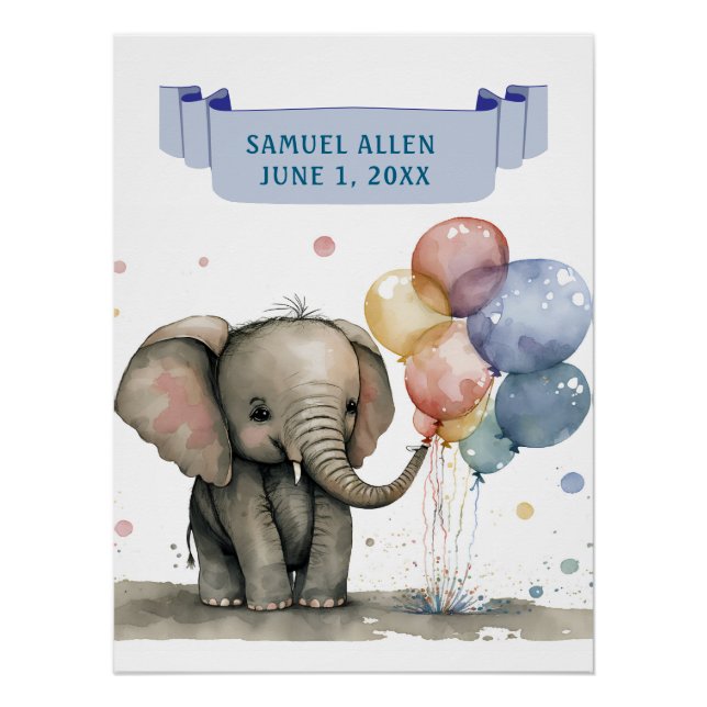 Cute LIttle Elephant with Balloons Kids Birthday Poster (Front)