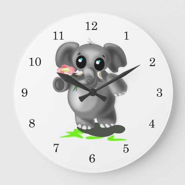 Cute Little Elephant with Flower - Sweet Large Clock (Front)