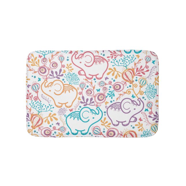 Cute Little Elephants And Flowers Bath Mat (Front)