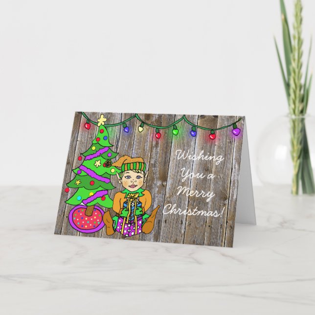 Cute little Elf and Christmas Lights Personalized Card (Front)