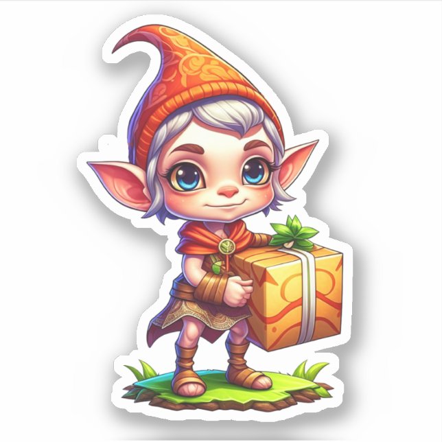 Cute Little Elf Holding a Gift Christmas Sticker (Front)