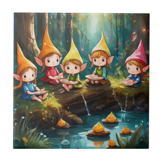 Cute little elves in the river ceramic tile (Front)