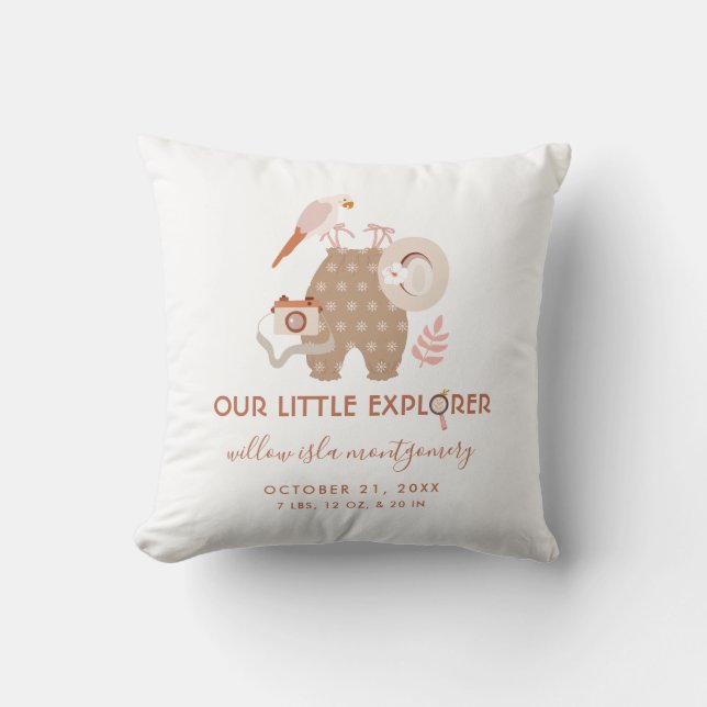 Cute Little Explorer Boho Birth Information Baby Throw Pillow (Front)