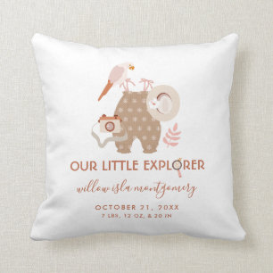 Cute Little Explorer Boho Birth Information Baby Throw Pillow