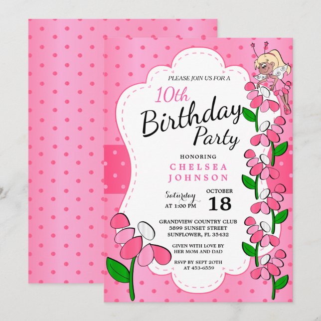 Cute Little Fairy 00th Birthday Girl in Pink Invitation (Front/Back)