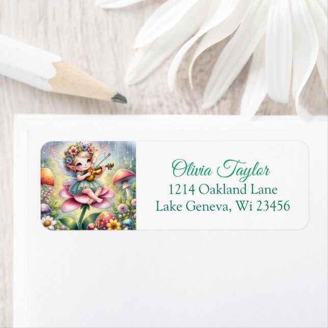 Cute Little Fairy on Flower Playing Violin Label (Insitu)