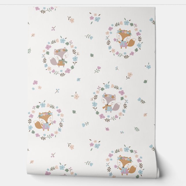 Cute Little Fall Fox with flowers cream  Wallpaper (Unrolling)