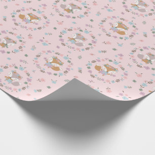 Cute Little Fall Fox with flowers pink Wrapping Paper