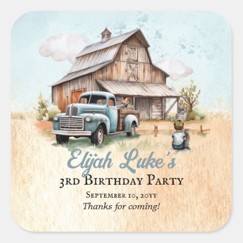 Cute Little Farm Boy 3rd Birthday Party Thank You Square Sticker