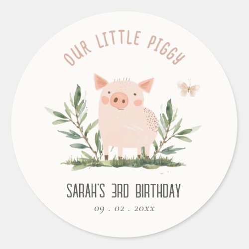 Cute Little Farm Pig Butterfly Kids Birthday Classic Round Sticker