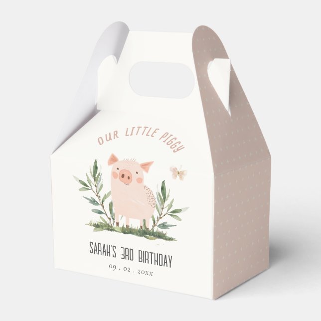 Cute Little Farm Pig Butterfly Kids Birthday Favor Boxes (Front Side)