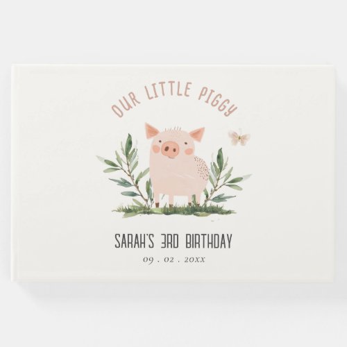 Cute Little Farm Pig Butterfly Kids Birthday Guest Book