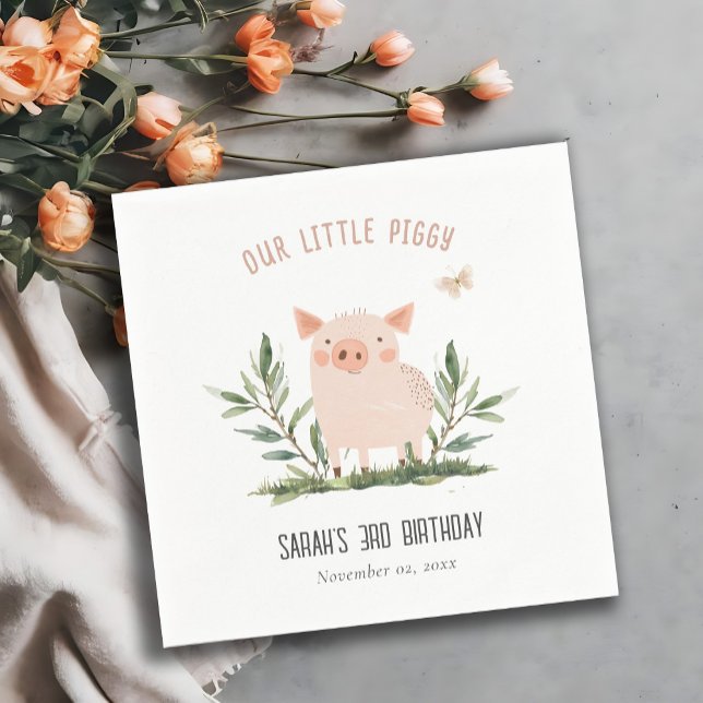 Cute Little Farm Pig Butterfly Kids Birthday Napkins (Creator Uploaded)