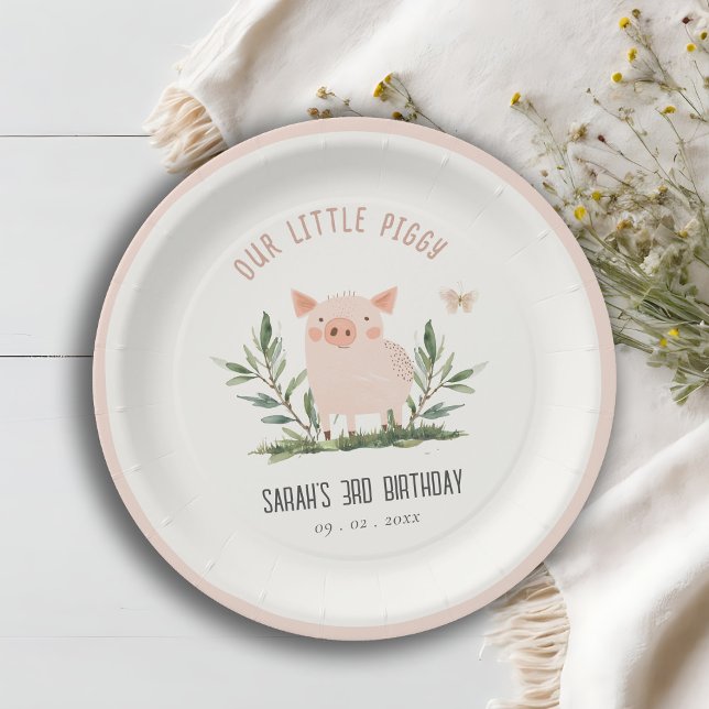 Cute Little Farm Pig Butterfly Kids Birthday Paper Plates (Creator Uploaded)