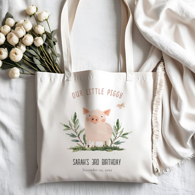 Cute Little Farm Pig Butterfly Kids Birthday Tote Bag (Creator Uploaded)