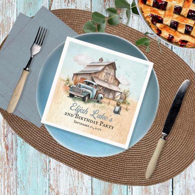 Cute Little Farmer 2nd Birthday Party Napkins (Blue Boy 2nd Birthday Party Barn | Vintage Truck Paper Napkins)