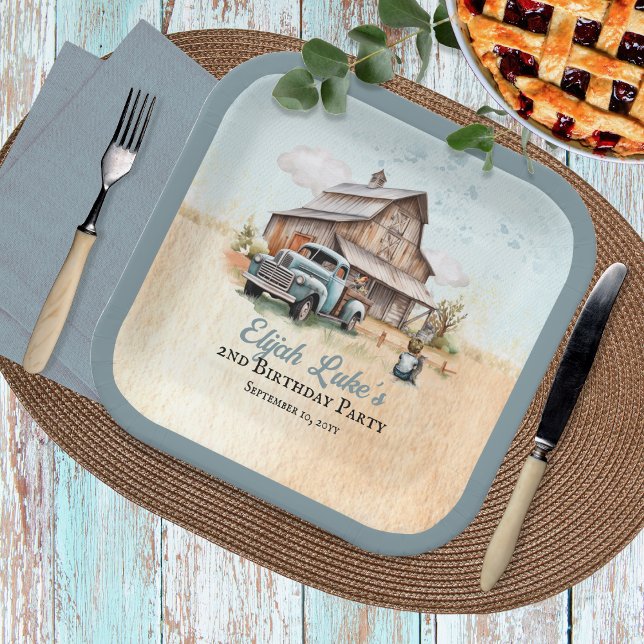 Cute Little Farmer 2nd Birthday Party Paper Plates (Blue Boy 2nd Birthday Party Barn | Vintage Truck Paper Napkins)