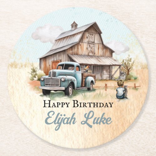 Cute Little Farmer Birthday Party Round Paper Coaster