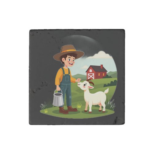 Cute Little Farmer Boy Goat Stone Magnet