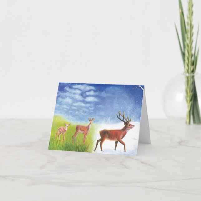 Cute Little Fawn Grows up to Red Deer Illustration Card (Front)