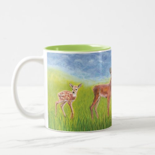 Cute Little Fawn Grows up to Red Deer Illustration Two_Tone Coffee Mug