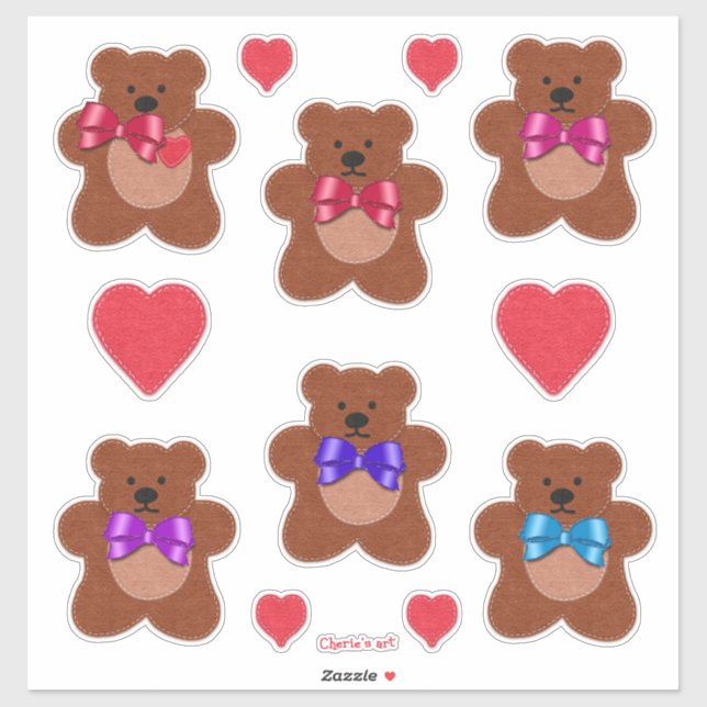 Cute Little Felt Look Valentine Teddy Bears Sticker (Sheet)