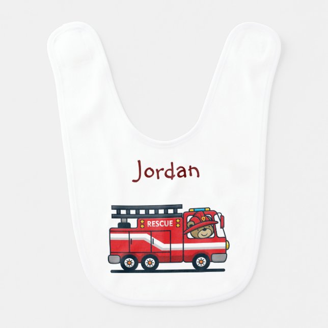 Cute Little Firetrucks Custom Name Baby Bib (Front)