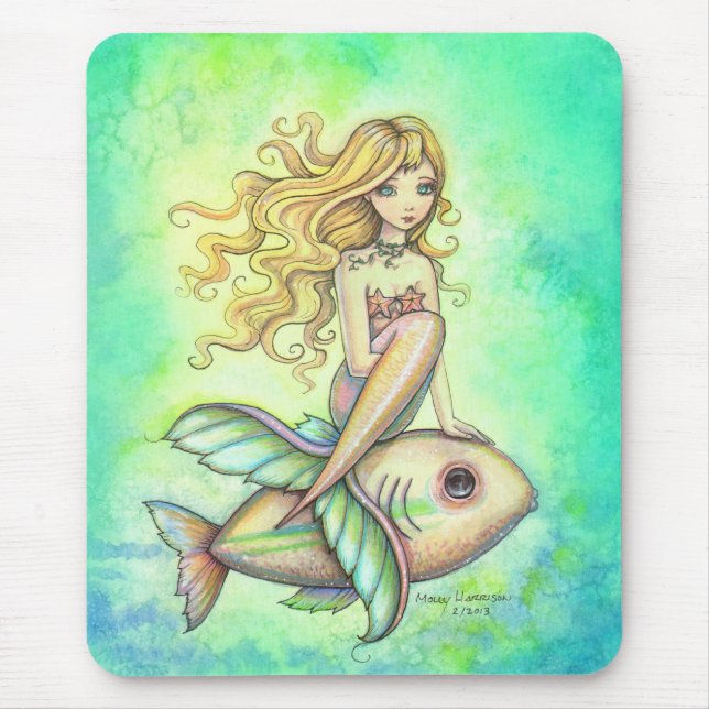 Cute Little Fish and Mermaid Fantasy Art Mouse Pad (Front)