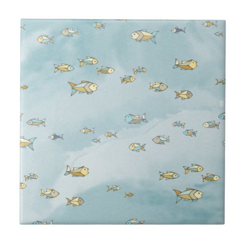 Cute Little Fish Pattern Blue Ceramic Tile