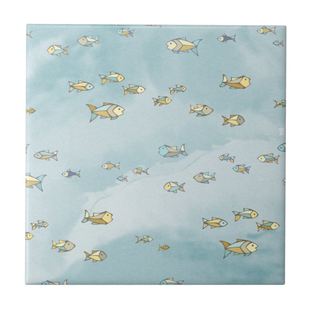 Cute Little Fish Pattern Blue Ceramic Tile (Front)