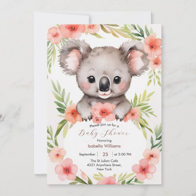 Cute Little Floral Koala Baby Shower  Invitation (Front)
