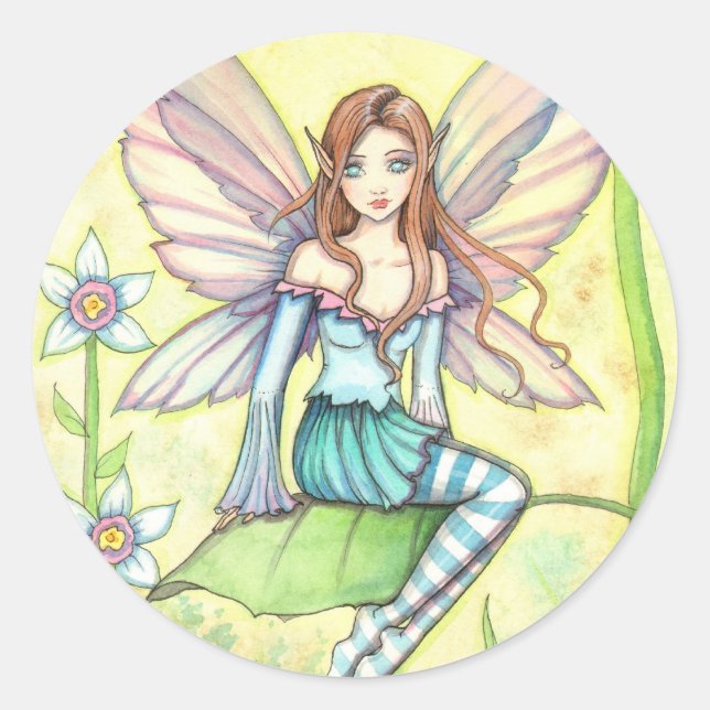 Cute Little Flower Fairy Fantasy Art Classic Round Sticker (Front)