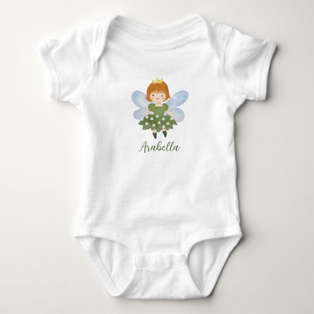 Cute little forest fairy in green flower dress baby bodysuit (Front)