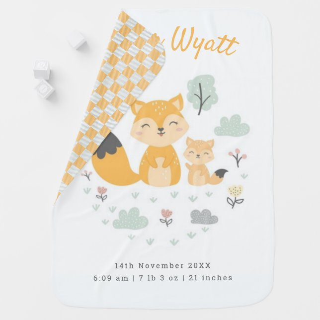 Cute Little fox and forest Birth Stats Baby Blanket (In Situ)