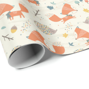 Cute Little Fox and Hedgehog with fall leaves Wrapping Paper