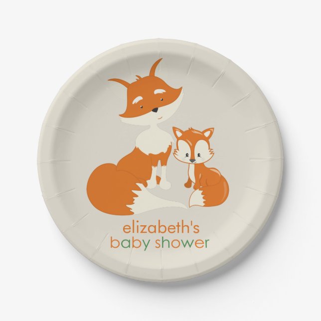 Cute Little Fox and Mom Baby Shower Paper Plate (Front)