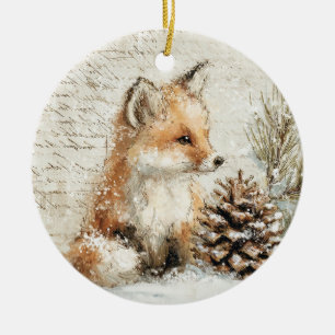 Cute little fox and pinecone. Rustic. Ceramic Ornament