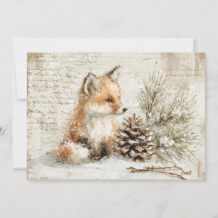 Cute little fox and pinecone. Rustic. Holiday Card