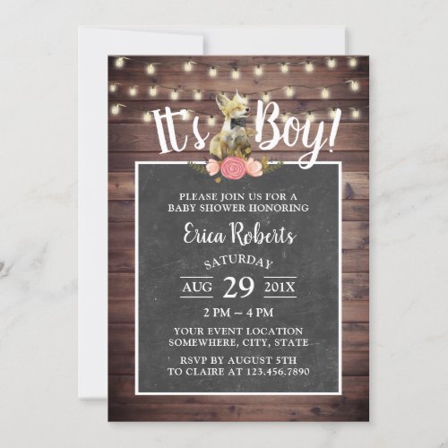 Cute Little Fox Boy Rustic Chalkboard Baby Shower Invitation