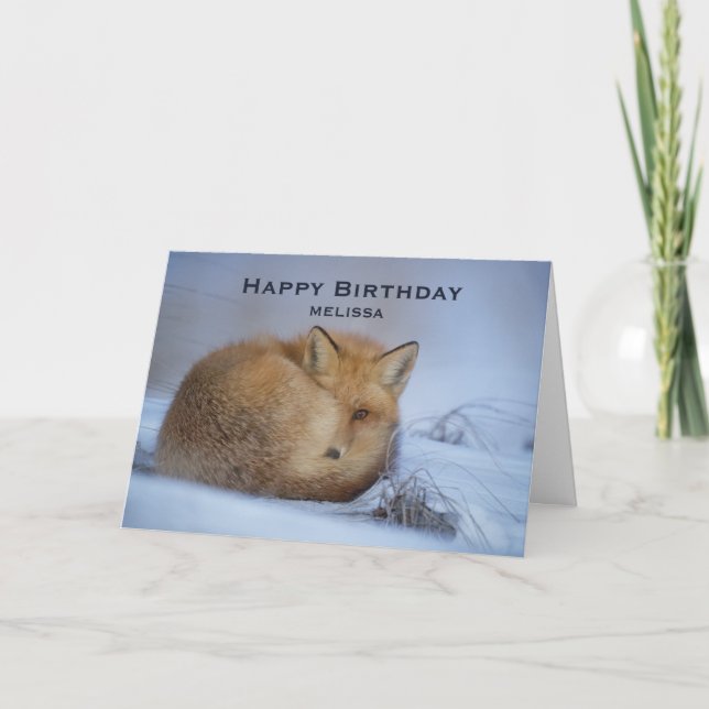 Cute Little Fox Curled Up Winter Photo Birthday Card (Front)