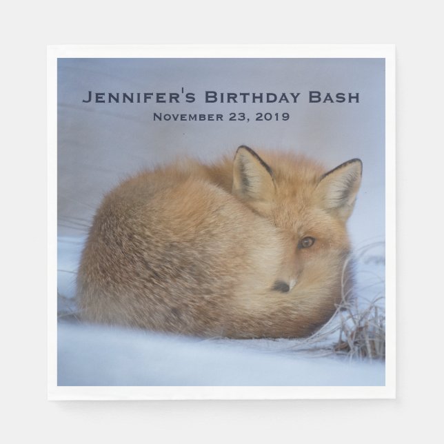 Cute Little Fox Curled Up Winter Photo Birthday Napkins (Front)