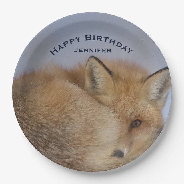 Cute Little Fox Curled Up Winter Photo Birthday Paper Plates (Front)