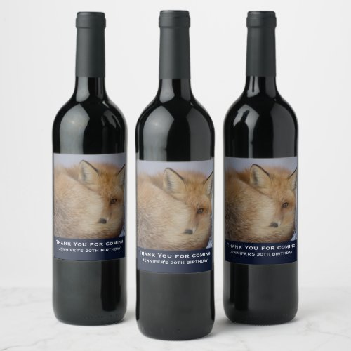 Cute Little Fox Curled Up Winter Photo Birthday Wine Label