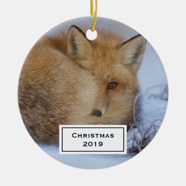 Cute Little Fox Curled Up Winter Photo Christmas Ceramic Ornament (Front)