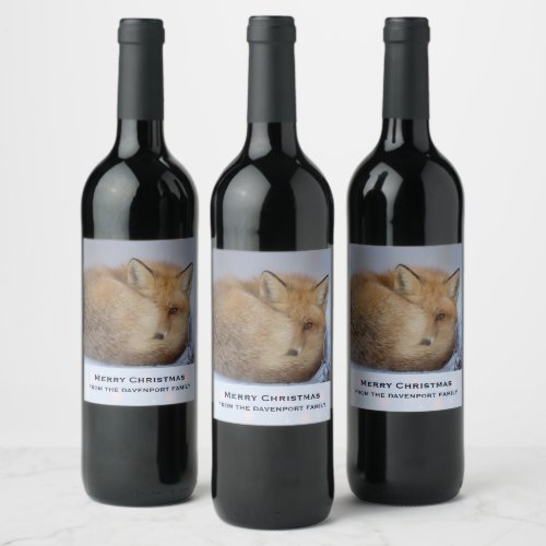 Cute Little Fox Curled Up Winter Photo Christmas Wine Label