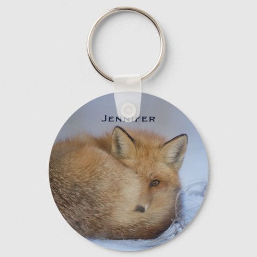 Cute Little Fox Curled Up Winter Photo Keychain